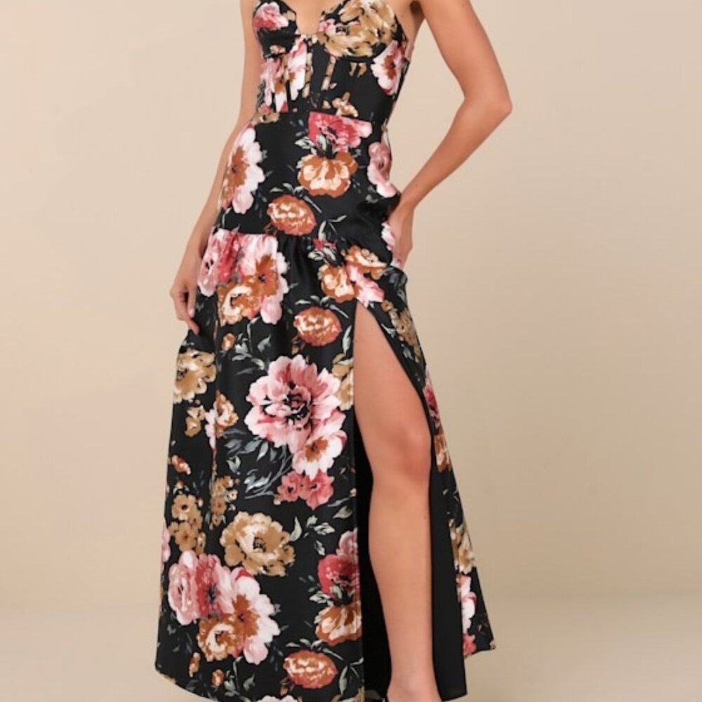 Lulus Confident Delight Black Floral Tiered Bustier Maxi Dress - Size L